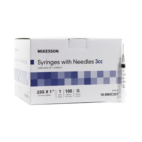 Syringe with Hypodermic Needle McKesson 3 mL 22 Gauge 1 Inch Detachable Needle Without Safety 16-SN3C221