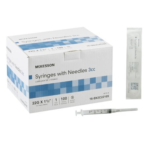 Syringe with Hypodermic Needle McKesson 3 mL 22 Gauge 1-1/2 Inch Detachable Needle Without Safety 16-SN3C22105