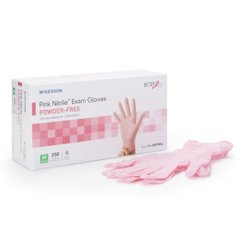 Exam Glove McKesson Pink Nitrile Medium NonSterile Nitrile Standard Cuff Length Textured Fingertips Pink Not Chemo Approved 14-6NPNK4