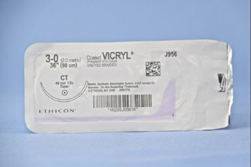 Suture with Needle Coated Vicryl Absorbable Coated Undyed Suture Braided Polyglactin 910 Size 3 - 0 36 Inch Suture 1-Needle 40 mm Length 1/2 Circle Taper Point Needle J956H Box/36