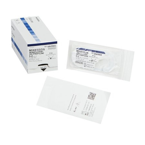 Suture with Needle McKesson Nonabsorbable Uncoated Blue Suture Monofilament Polypropylene Suture Size 5 - 0 18 Inch Suture 1-Needle 13 mm Length 3/8 Circle Reverse Cutting Needle S8698GX Box/1
