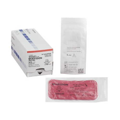 Suture with Needle McKesson Absorbable Uncoated Undyed Suture Monofilament Polyglycolic Acid / PCL Size 3 - 0 18 Inch Suture 1-Needle 19 mm Length 3/8 Circle Reverse Cutting Needle SY497GX Box/1