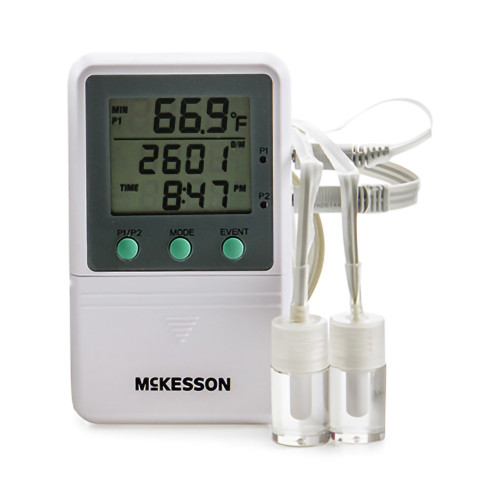 Digital Refrigerator / Freezer Thermometer with Alarm McKesson Fahrenheit / Celsius -58 to 158 F -50 to 70 C 2 Glycol Bottle Probes Multiple Mounting Options Battery Operated MCK821RFV2