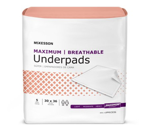 Underpad McKesson Ultimate Breathable 30 X 36 Inch Disposable Fluff / Polymer Heavy Absorbency UPMX3036