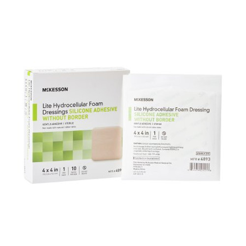 Thin Silicone Foam Dressing McKesson Lite 4 X 4 Inch Square Silicone Gel Adhesive without Border Sterile 4893