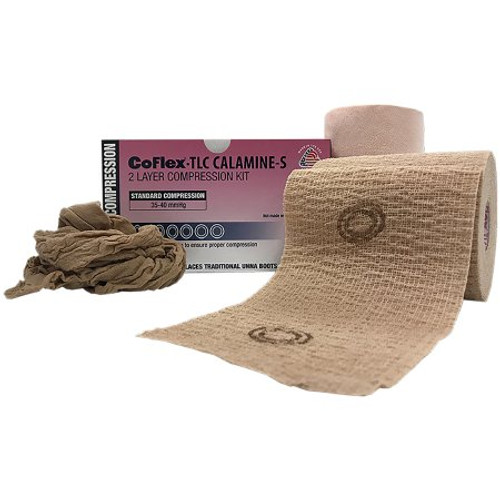 2 Layer Compression Bandage System CoFlex TLC Calamine with Indicators 4 Inch X 6 Yard / 4 Inch X 7 Yard 35 to 40 mmHg Self-adherent / Pull On Closure Tan NonSterile 8840UBC-SC