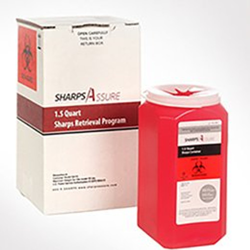 Mailback Sharps Container Sharps Assure 3-3/4 L X 3-3/4 W X 7 H Inch 1.5 Quart Red Base / Translucent Lid Vertical Entry SA1Q