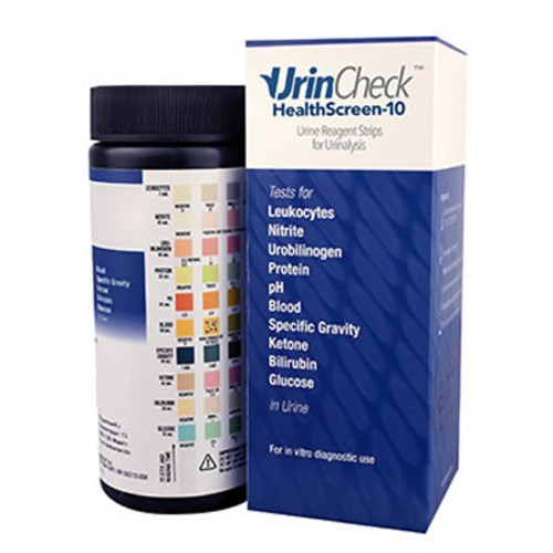 Rapid Test Kit UrinCheck HealthScreen-10 Urinalysis Bilirubin Blood Glucose Ketone Leukocytes Nitrite pH Protein Specific Gravity Urobilinogen Urine Sample 100 Tests UC81200