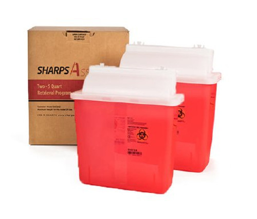 Mailback Sharps Container Sharps Assure 12-1/4 L X 4-3/4 W X 10-1/2 H Inch 5.4 Quart Translucent Red Base / Translucent White Lid Horizontal Entry SA5QU2 Each/1