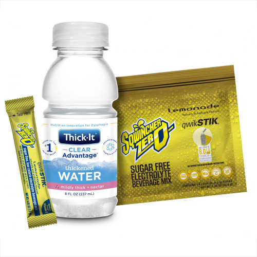Thickened Water / Electrolyte Beverage Mix Clear Advantage Thickened Water Sqwincher Qwik Stik ZERO Combo Pack 8 oz. / 1.5 Gram Bottle / Individual Packet Lemonade Flavor Ready to Use / Powder Nectar Consistency B502-SQ044 Case/24