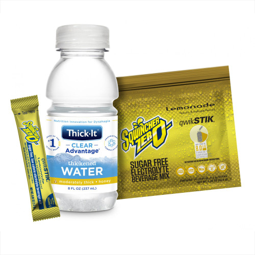 Thickened Water / Electrolyte Beverage Mix Clear Advantage Thickened Water Sqwincher Qwik Stik ZERO Combo Pack 8 oz. / 1.5 Gram Bottle / Individual Packet Lemonade Flavor Ready to Use / Powder Honey Consistency B504-SQ044 Case/24