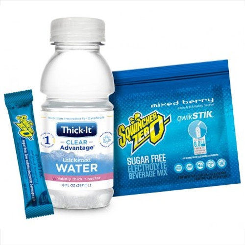 Thickened Water / Electrolyte Beverage Mix Clear Advantage Thickened Water Sqwincher Qwik Stik ZERO Combo Pack 8 oz. / 1.5 Gram Bottle / Individual Packet Mixed Berry Flavor Ready to Use / Powder Nectar Consistency B501-SQ044 Case/24