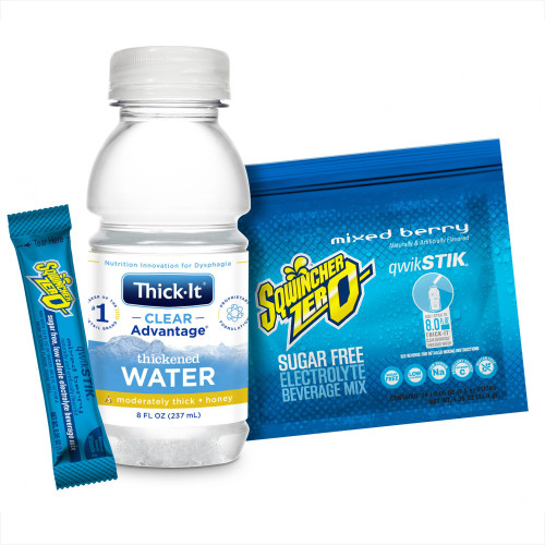 Thickened Water / Electrolyte Beverage Mix Clear Advantage Thickened Water Sqwincher Qwik Stik ZERO Combo Pack 8 oz. / 1.5 Gram Bottle / Individual Packet Mixed Berry Flavor Ready to Use / Powder Honey Consistency B503-SQ044 Case/24