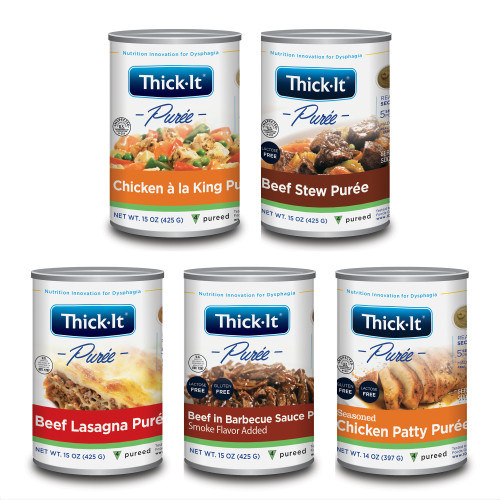 Puree Thick-It 14 / 15 oz. Can Seasoned Chicken Patty / Beef Stew / Beef Lasagna / Beef in Barbecue Sauce / Chicken la King Flavors Ready to Use Puree Consistency H331-GA800 Case/12