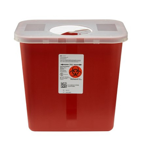 Sharps Container SharpSafety 10 H X 10-1/2 W X 7-1/4 D Inch 2 Gallon Red Base / White Lid Vertical Entry Rotating Lid 8970
