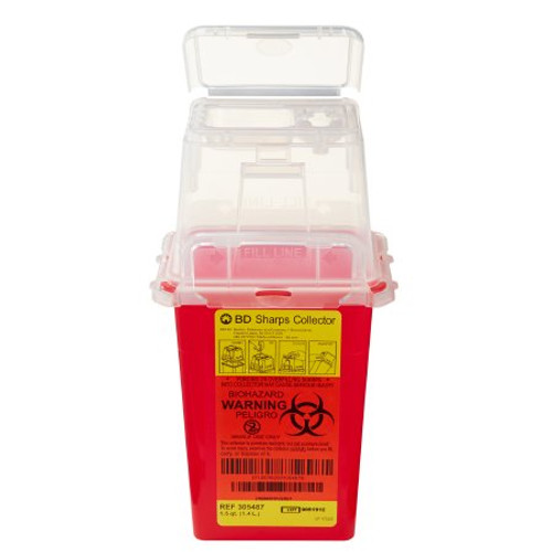 Sharps Container BD 9 H X 4-1/2 W X 4 D Inch 1.5 Quart Red Base / Clear Lid Vertical Entry Hinged Snap On Lid 305487