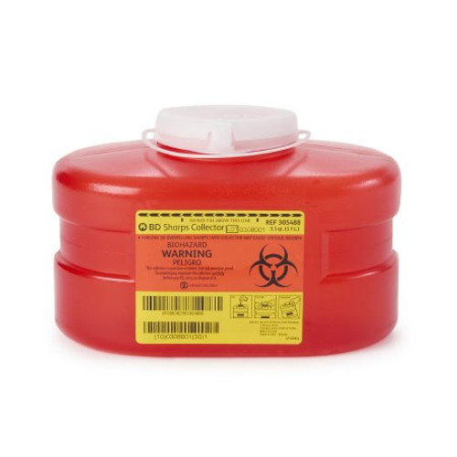 Sharps Container BD 5-3/10 H X 9-1/10 W X 5 D Inch 3.3 Quart Red Base / Translucent Lid Vertical Entry Hinged Snap On Lid 305488
