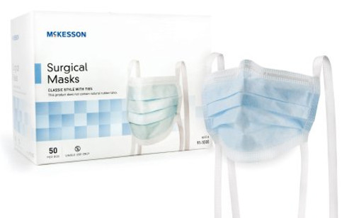 Surgical Mask McKesson Pleated Tie Closure One Size Fits Most Blue NonSterile ASTM Level 1 Adult 91-1000