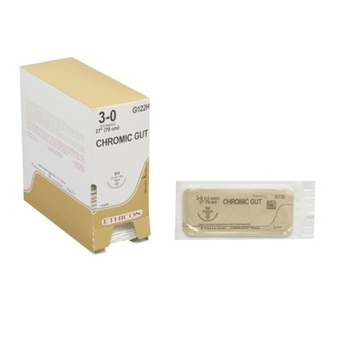 Suture with Needle Absorbable Uncoated Undyed Suture Chromic Gut Size 3 - 0 27 Inch Suture 1-Needle 26 mm Length 1/2 Circle Taper Point Needle G122H Box/36