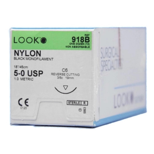 Suture with Needle LOOK Nonabsorbable Uncoated Black Suture Monofilament Nylon Size 5 - 0 18 Inch Suture 1-Needle 19 mm Length 3/8 Circle Reverse Cutting Needle 918B Box/12