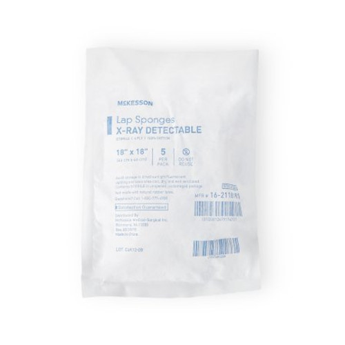 Surgical Laparotomy Sponge McKesson X-Ray Detectable Cotton 18 X 18 Inch 5 Count Soft Pack Sterile 16-2118181