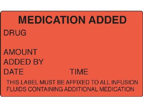 Pre-Printed Label Shamrock Anesthesia Label Fluorescent Red MEDICATION ADDED / DRUG / AMOUNT / ADDED BY / DATE TIME / THIS LABEL MUST BE AFFIXED TO ALL INFUSION / FLUIDS CONTAINING ADDITIONAL MEDICATION Black Medication Instruction 1-1/2 X 2-1/2 Inch