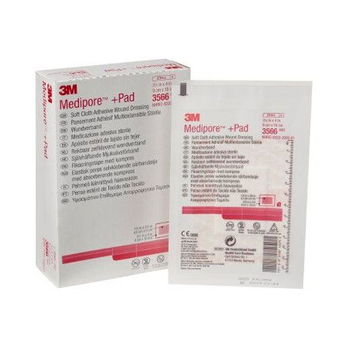 Adhesive Dressing 3M Medipore 3-1/2 X 4 Inch Soft Cloth Rectangle White Sterile 3566