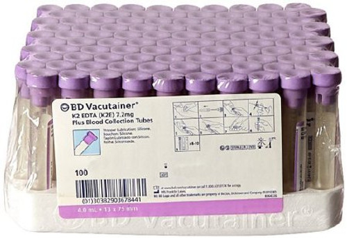 BD Vacutainer Venous Blood Collection Tube Whole Blood Tube K2 EDTA Additive 13 X 75 mm 4 mL Lavender BD Hemogard Closure Plastic Tube 367862