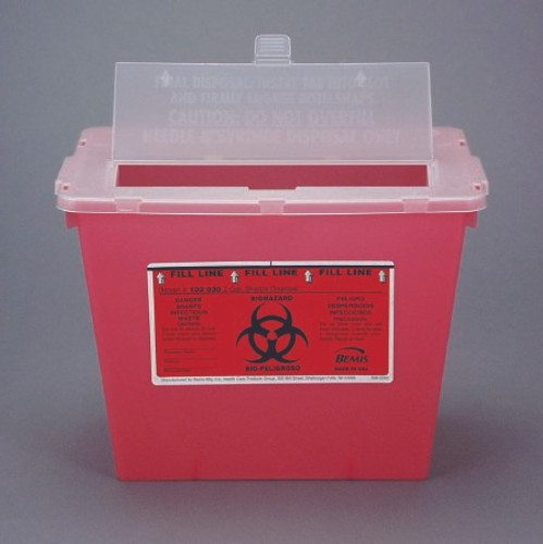Sharps Container Bemis Sentinel 8-5/8 H X 11-5/8 L X 7-3/4 W Inch 2 Gallon Translucent Red Base / Translucent Lid Horizontal Entry Flap Lid 102 030