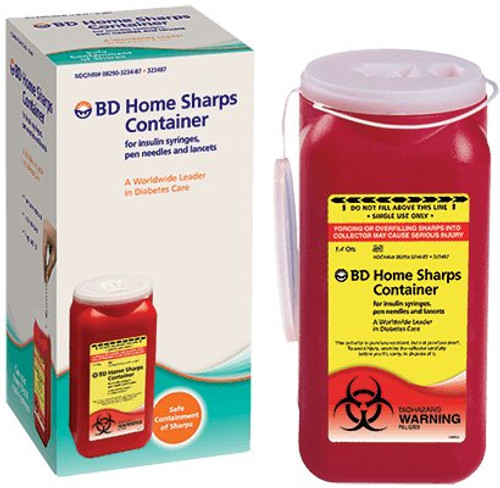 Mailback Sharps Container BD Home Sharps Disposal By Mail 300 Pen Needles / Up to 100 Insulin Syringes Red Base / White Lid Vertical Entry Tethered Snap On Lid 323487