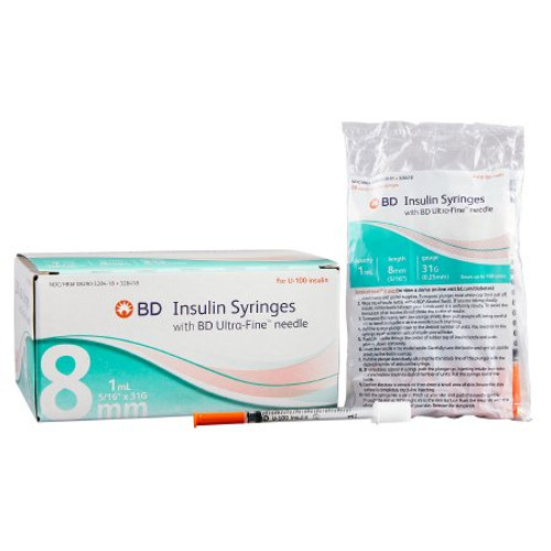 Insulin Syringe with Needle Ultra-Fine 1 mL 31 Gauge 5/16 Inch Attached Needle Without Safety 328418