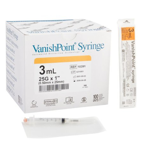 Syringe with Hypodermic Needle VanishPoint 3 mL 25 Gauge 1 Inch Attached Needle Retractable Needle 10391
