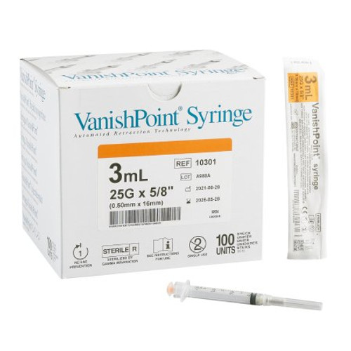 Syringe with Hypodermic Needle VanishPoint 3 mL 25 Gauge 5/8 Inch Attached Needle Retractable Needle 10301