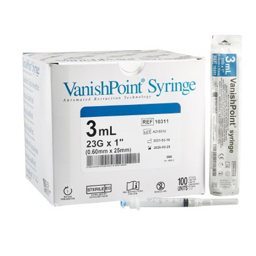 Syringe with Hypodermic Needle VanishPoint 3 mL 23 Gauge 1 Inch Attached Needle Retractable Needle 10311