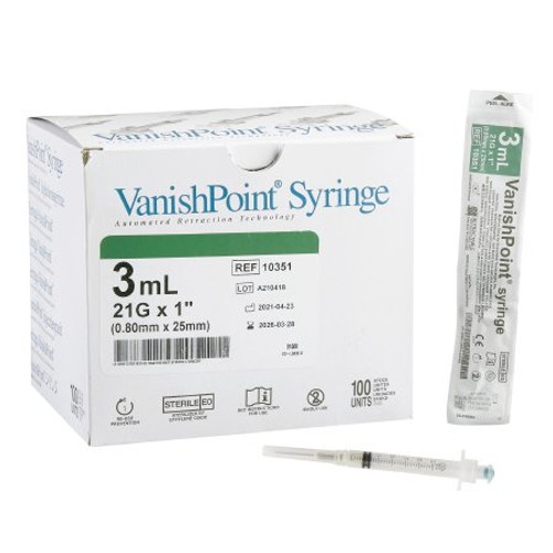 Syringe with Hypodermic Needle VanishPoint 3 mL 21 Gauge 1 Inch Attached Needle Retractable Needle 10351