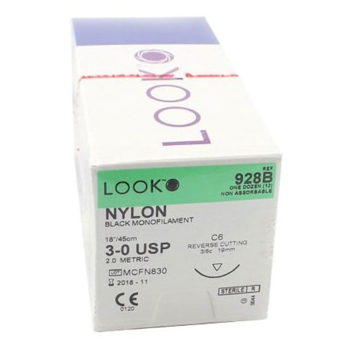 Suture with Needle LOOK Nonabsorbable Uncoated Black Suture Monofilament Nylon Size 3 - 0 18 Inch Suture 1-Needle 19 mm Length 3/8 Circle Reverse Cutting Needle 928B Box/12