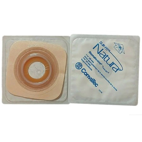 Ostomy Barrier Sur-Fit Natura Pre-Cut Standard Wear Stomahesive Adhesive 45 mm Flange Sur-Fit Natura System Hydrocolloid 1-1/4 Inch Opening 4 X 4 Inch 125273 Box/10