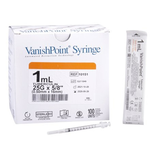 Tuberculin Syringe with Needle VanishPoint 1 mL 25 Gauge 5/8 Inch Attached Needle Retractable Needle 10151