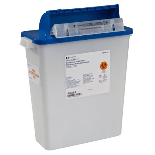 Pharmaceutical Waste Container PharmaSafety 16-1/2 H X 13-3/4 W X 6 D Inch 3 Gallon White Base / Blue Lid Horizontal Entry Counter Balanced Door Lid 8836SA
