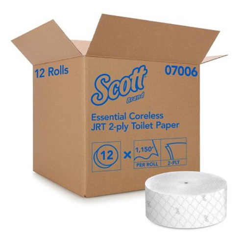 Toilet Tissue Scott Essential Coreless JRT White 2-Ply Jumbo Size Coreless Roll Continuous Sheet 3-3/4 Inch X 1150 Foot 07006 Case/12