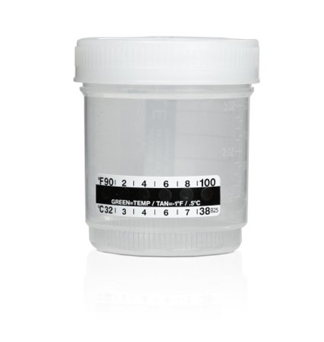 Specimen Collection Cup with Temperature Strip 53 X 90 mm Plastic 90 mL 3 oz. Screw Cap Patient Information Sterile 190058
