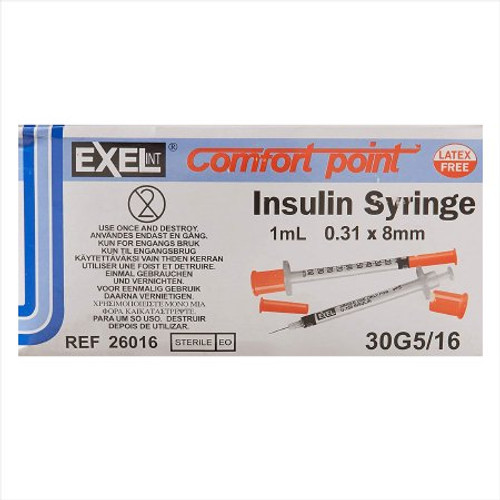 Insulin Syringe with Needle Comfort Point 1 mL 30 Gauge 5/16 Inch Attached Needle Without Safety 26016 Box/100