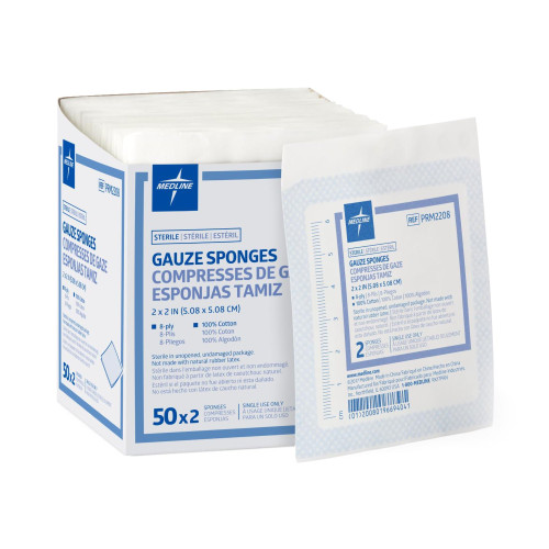 Gauze Sponge Caring Cotton 8-Ply 2 X 2 Inch Square Sterile PRM2208 Box/50