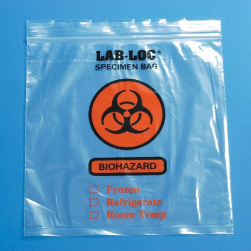 Specimen Transport Bag with Document Pouch Lab-Loc 8 X 10 Inch LDPE Zip Closure Biohazard Symbol / Storage Instructions NonSterile LAB20810