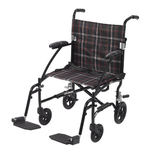 Transport Wheelchair drive Fly-Lite Aluminum Frame with Black Finish 300 lbs. Weight Capacity Full Length / Fixed Height / Padded Arm Black / White / Red Plaid Upholstery DFL19-BLK Each/1