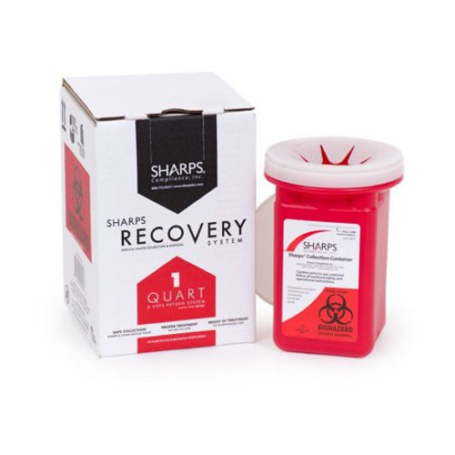 Mailback Sharps Container Sharps Recovery System 4-1/2 L X 4-1/2 W X 7 H Inch 1 Quart Red Base / Translucent Lid Vertical Entry Snap On Lid 10100-012