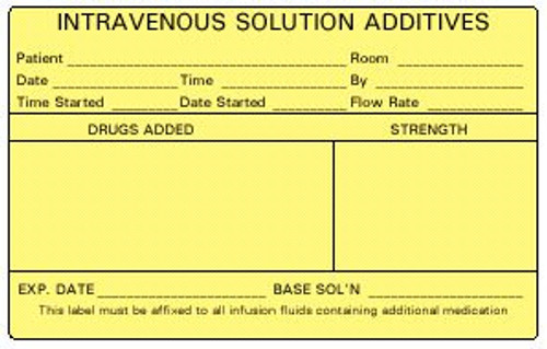 Pre-Printed Label Barkley Instructional Label Yellow Paper Intravenouse Solution Additives Black Syringe Label 2-1/2 X 4 Inch N-260 Roll/1