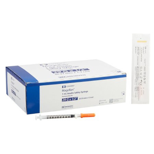 Insulin Syringe with Needle Magellan 1 mL 29 Gauge 1/2 Inch Attached Needle Sliding Safety Needle 8881892910