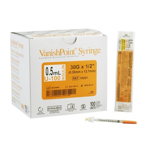 Insulin Syringe with Needle VanishPoint 0.5 mL 30 Gauge 1/2 Inch Attached Needle Retractable Needle 15221