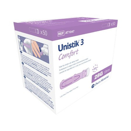 Lancet Unistik Normal Flow Lancet Needle 1.8 mm Depth 28 Gauge Push Button Side Activation AT 1047 Box/50